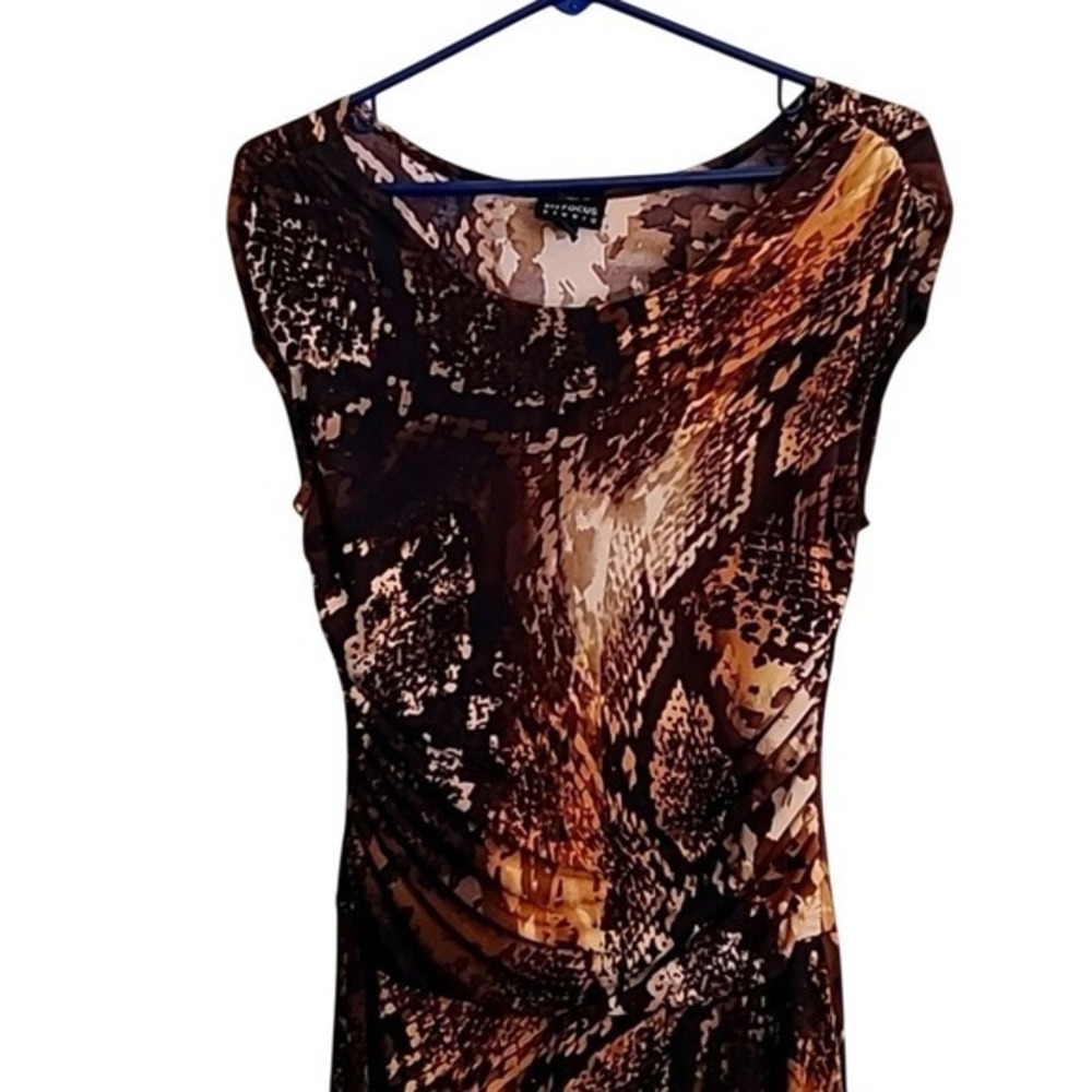 En Focus Studio Dress Womens 8 Brown Caramel Ivory Excellent Snake Print Ruched